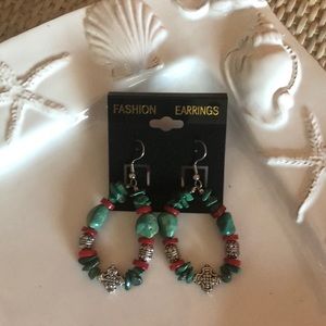 Turquoise coral and silver cross drop earrings